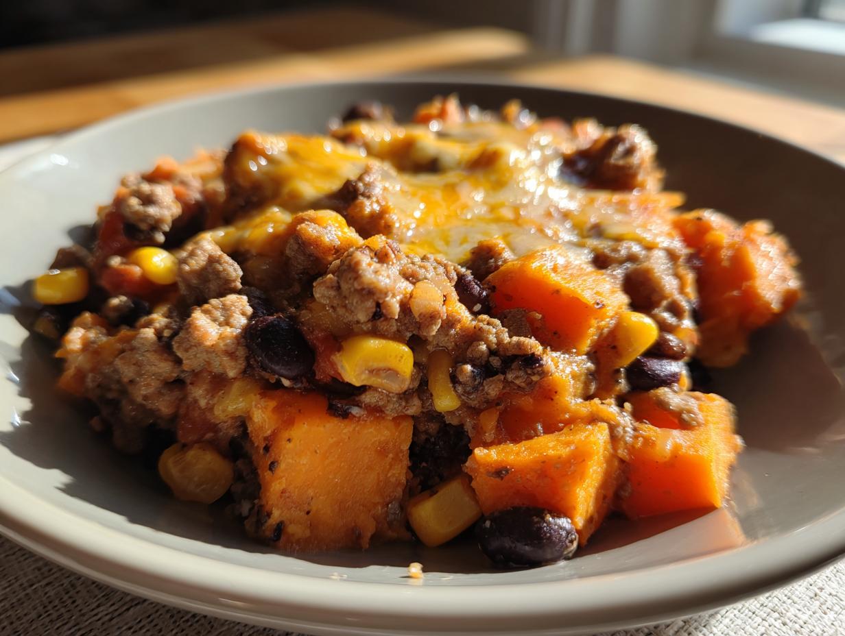 Close-up of a hearty serving of sweet potato skillet with ground meat, black beans, corn, and melted cheese.
