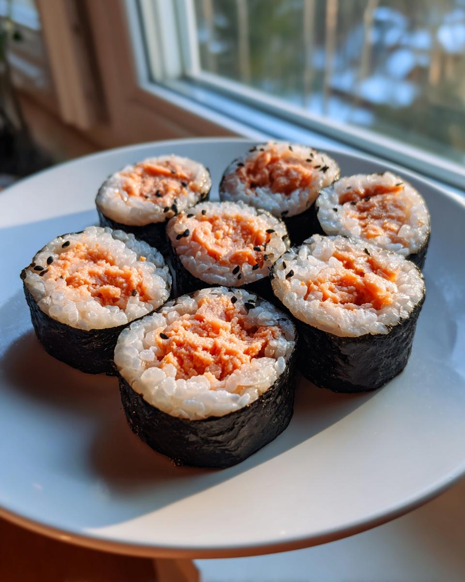 Seven freshly cut pieces of tuna kimbap, featuring rice, nori, and a bright orange tuna filling, sprinkled with sesame seeds.