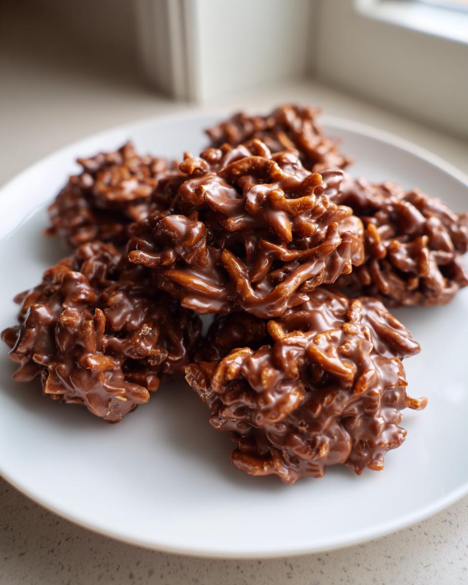 A stack of glossy, chocolate-covered haystack cookies resting on a white plate.