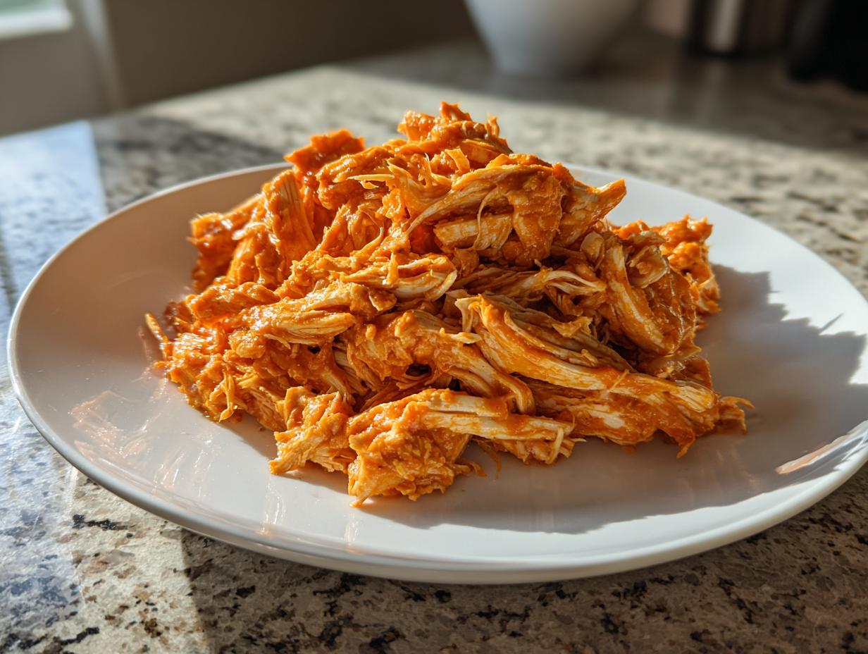 A mound of shredded buffalo chicken coated in orange sauce sits on a white plate.