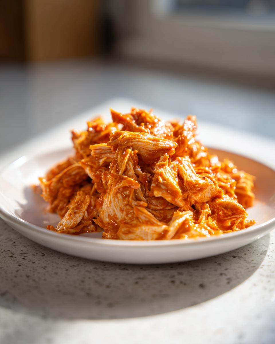 A close-up of shredded buffalo chicken coated in bright orange sauce, served on a small white plate.