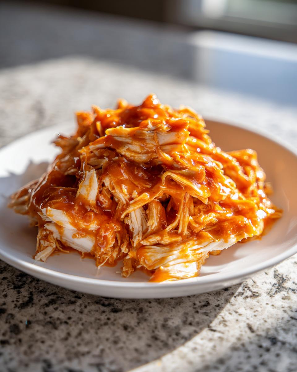 Close-up of shredded buffalo chicken coated in bright orange sauce, served in a white bowl.