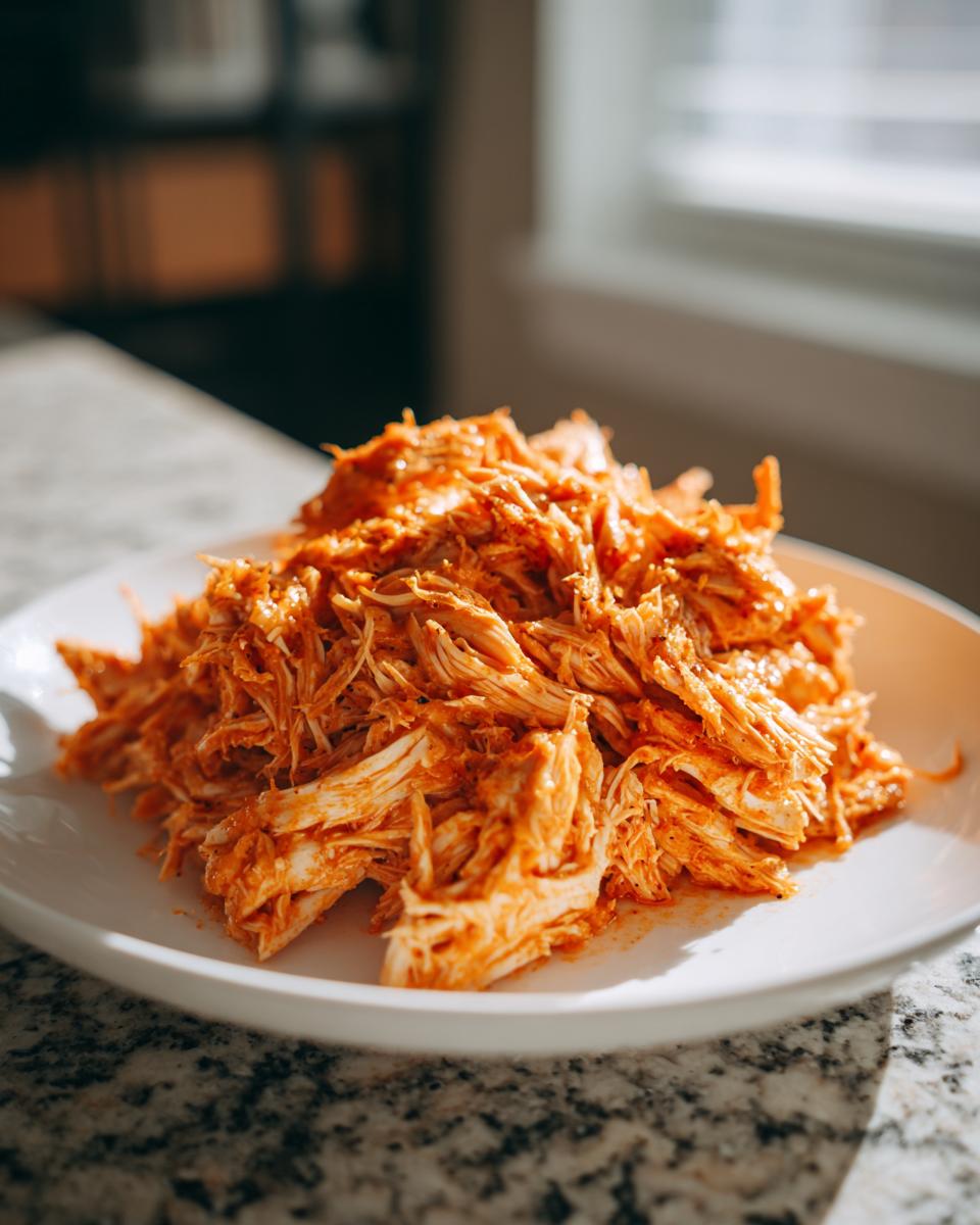 A mound of brightly sauced, shredded buffalo chicken resting on a white plate.