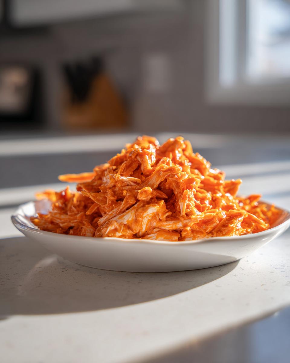 A close-up of shredded buffalo chicken coated in bright orange sauce piled high in a white bowl.