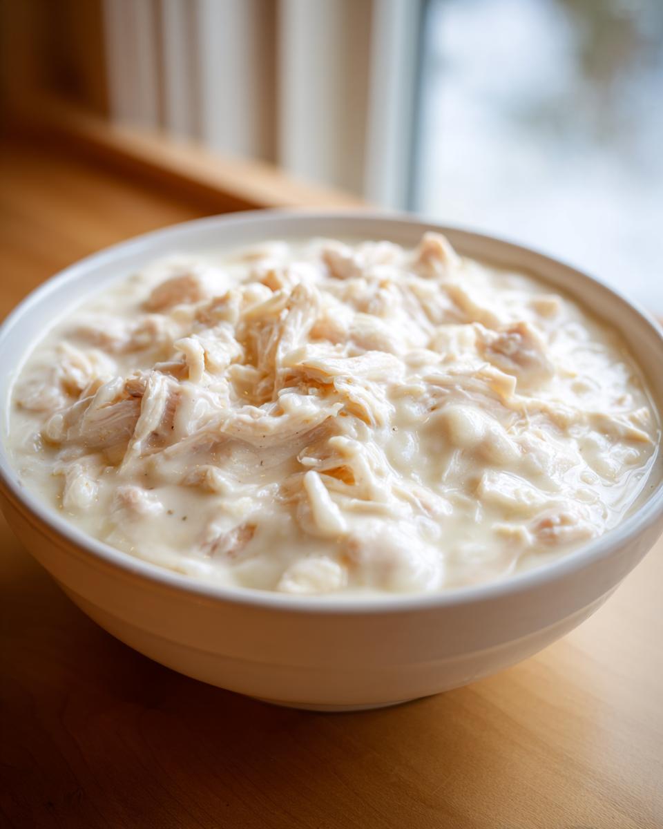 Close-up of shredded chicken mixed into a thick, creamy sauce, resembling homemade cream of chicken soup.