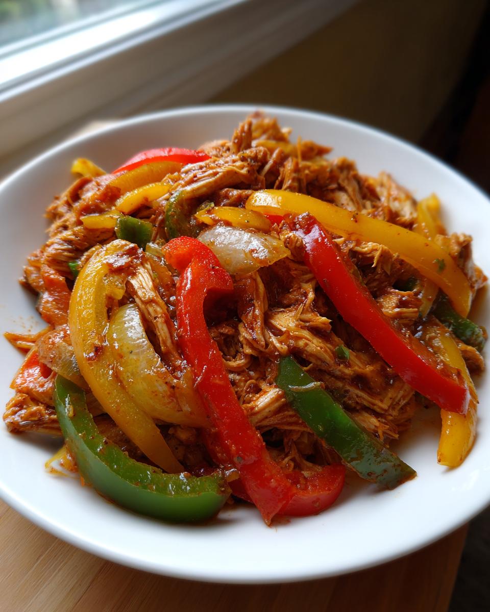 Close-up of shredded chicken mixed with colorful bell peppers and onions, ready for crockpot chicken fajitas.