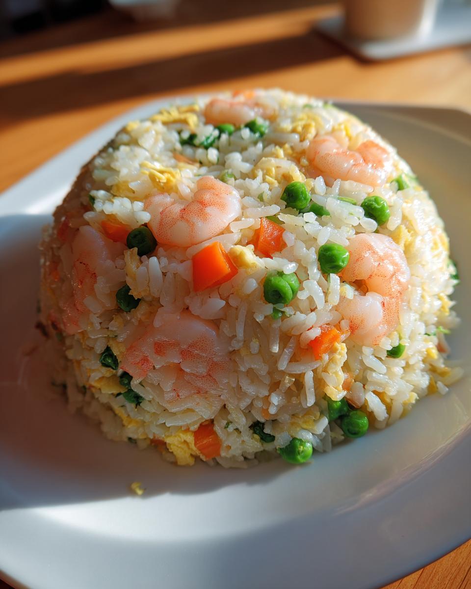 A dome-shaped serving of vibrant shrimp fried rice featuring pink shrimp, green peas, and orange carrots on a white plate.