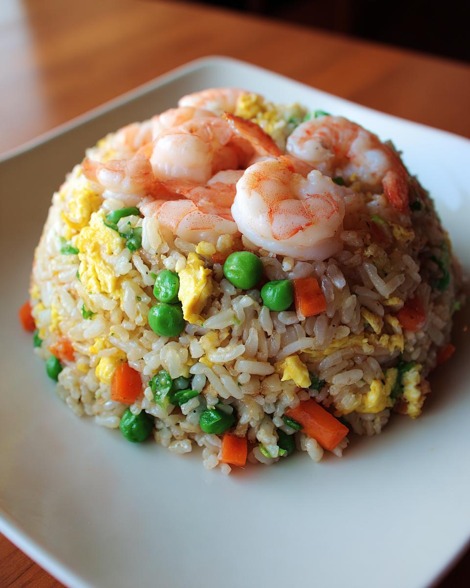 A perfectly molded mound of shrimp fried rice topped with succulent cooked shrimp, peas, and carrots.
