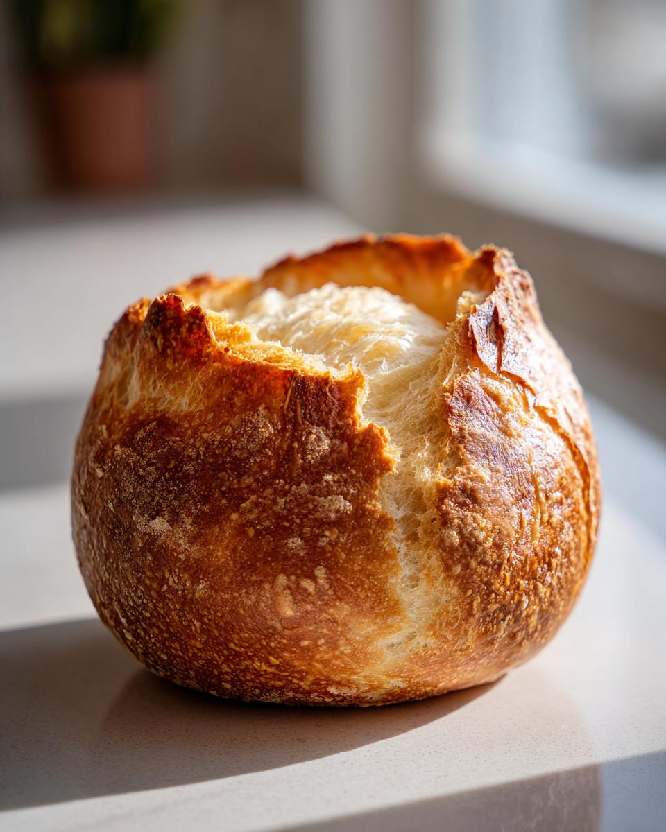 A close-up of a perfectly baked, round bread bowl with a golden-brown crust, ready to be filled for soup night.