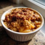 Close-up of a perfectly baked single-serving apple crisp recipe with a golden brown, crunchy topping.