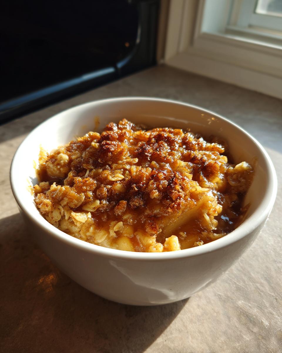 A close-up of a warm, single serving of apple crisp recipe in a white bowl with a golden, crunchy topping.