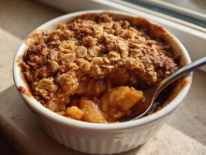 Close-up of a warm, single serving apple crisp recipe in a white ramekin with a spoon digging in.