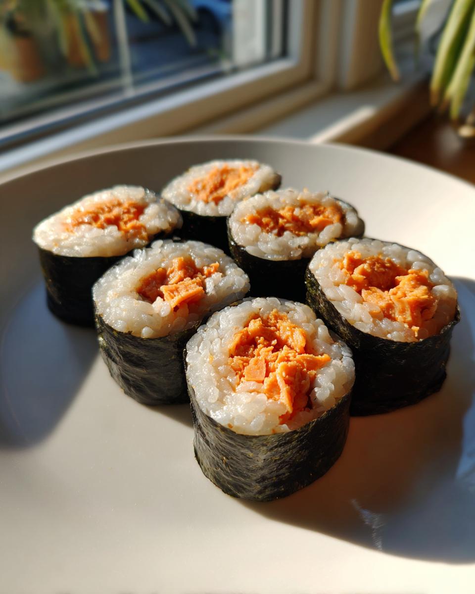 Close-up of six freshly cut pieces of tuna kimbap, showing rice and orange tuna filling wrapped in dark nori seaweed.