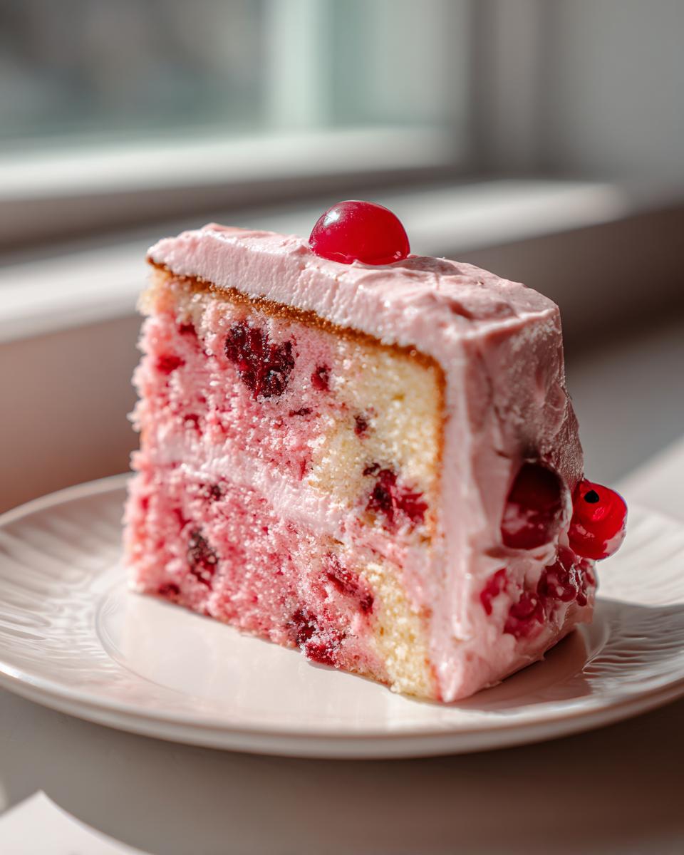A close-up of a moist slice of cherry cake with pink frosting, garnished with bright red cherries, sitting on a white plate.