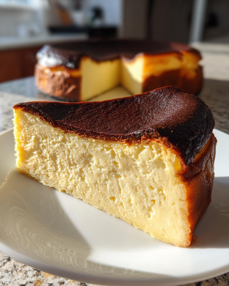 A close-up slice of creamy Basque burnt cheesecake with a dark caramelized top, resting on a white plate with the rest of the cake blurred in the background.