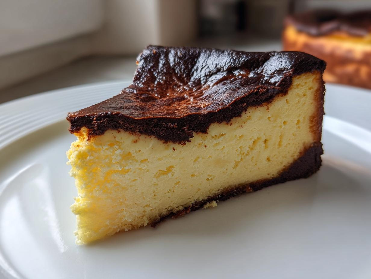 A close-up slice of creamy Basque burnt cheesecake showing the signature dark, caramelized top and pale yellow interior.