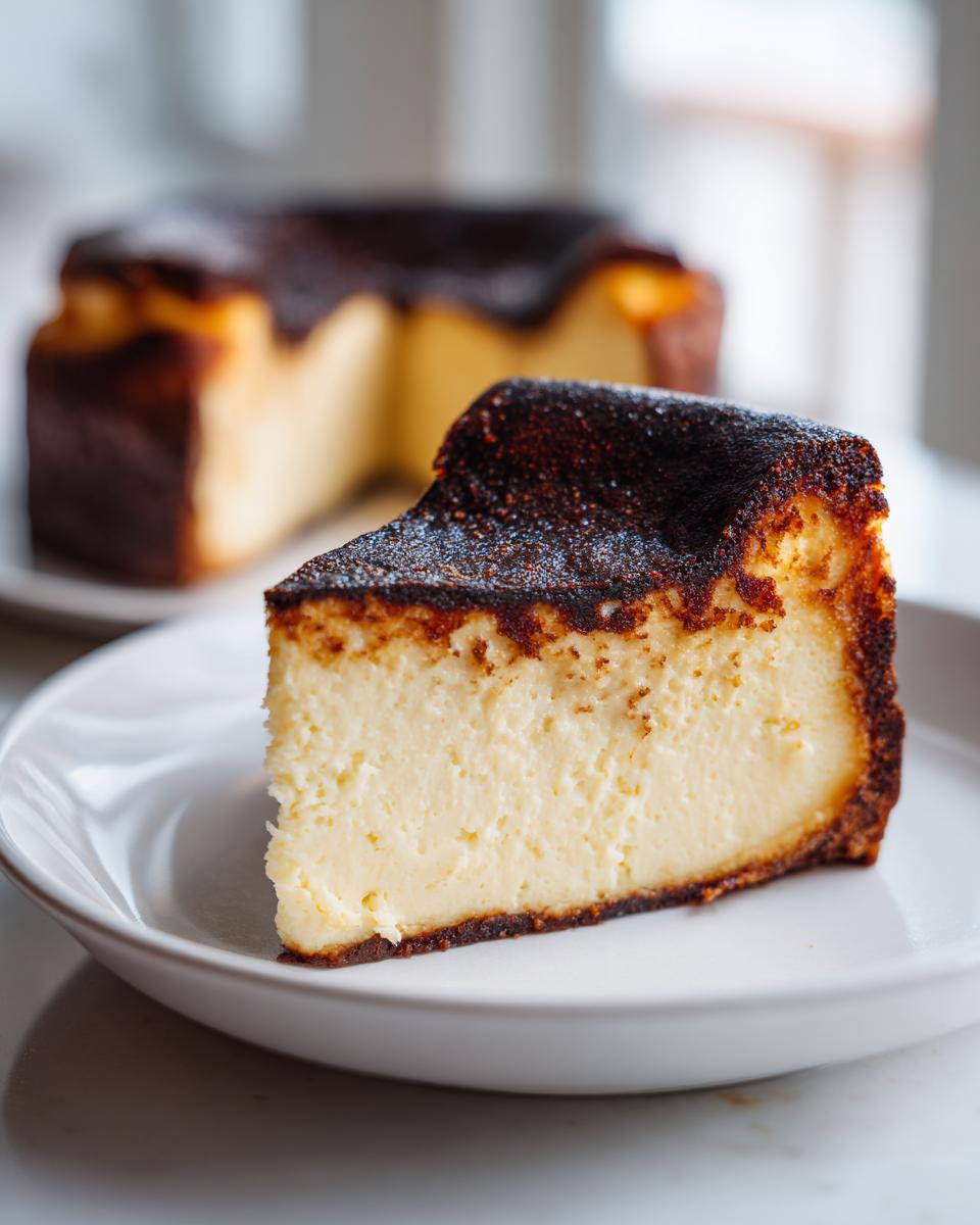 A close-up slice of creamy Basque burnt cheesecake with a dark, caramelized top, served on a white plate.