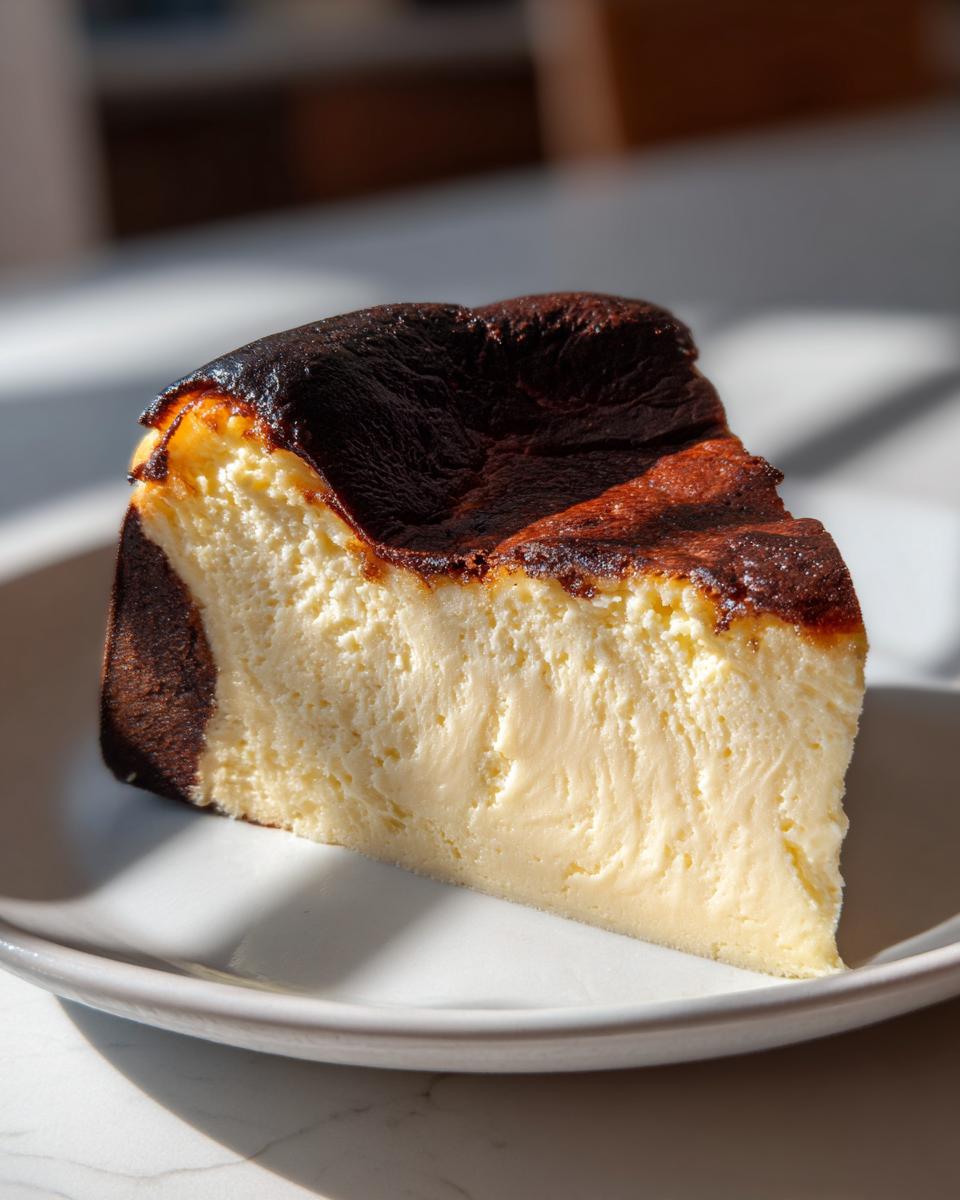 A perfect slice of creamy Basque burnt cheesecake showing its signature dark, caramelized top.