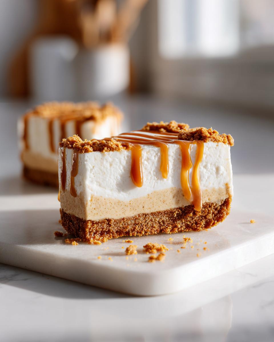 A decadent slice of biscoff cheesecake showing three layers: crust, spiced filling, and white topping, drizzled with caramel.