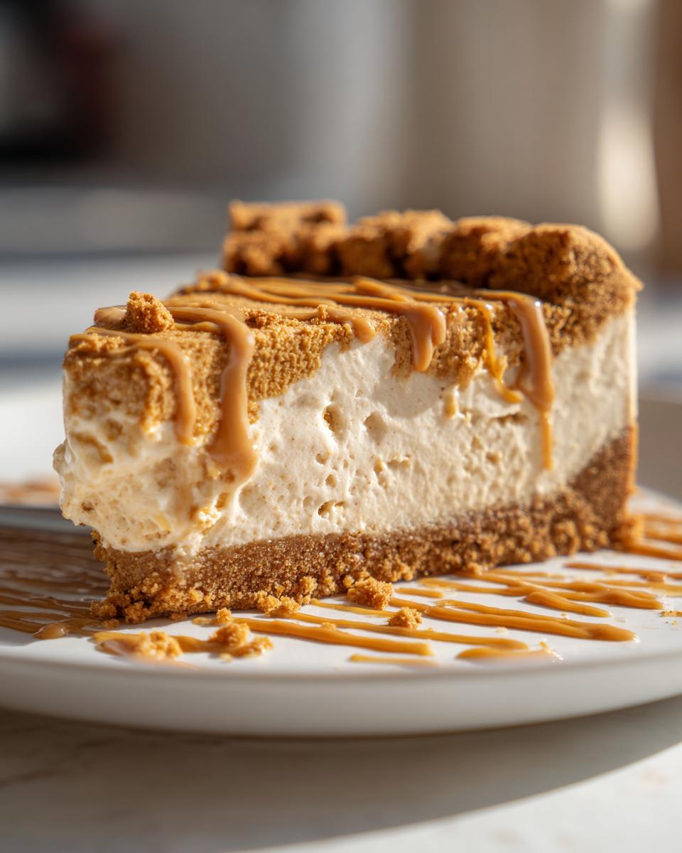 A decadent slice of biscoff cheesecake featuring a thick crust, creamy filling, and topped with caramel drizzle and cookie crumbs.