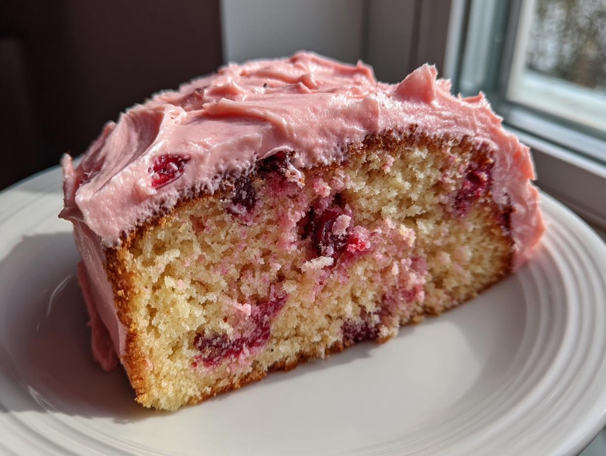 Close-up of a slice of moist cherry cake with visible fruit pieces and thick pink frosting.