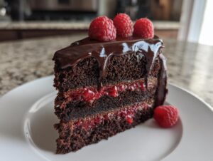 A decadent slice of chocolate raspberry cake featuring dark layers, raspberry filling, and a rich chocolate ganache drip topped with fresh raspberries.