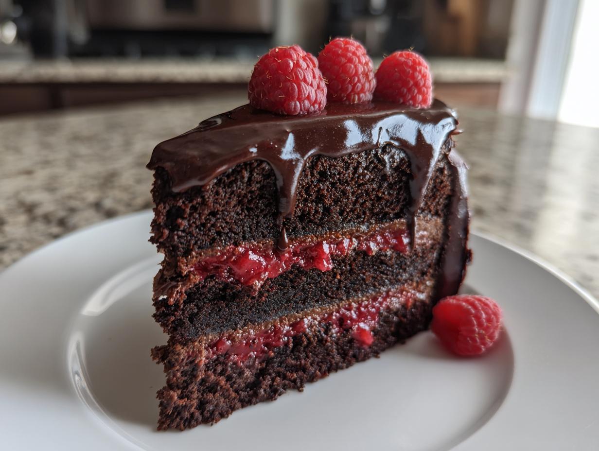 A decadent slice of chocolate raspberry cake featuring dark layers, raspberry filling, and a rich chocolate ganache drip topped with fresh raspberries.
