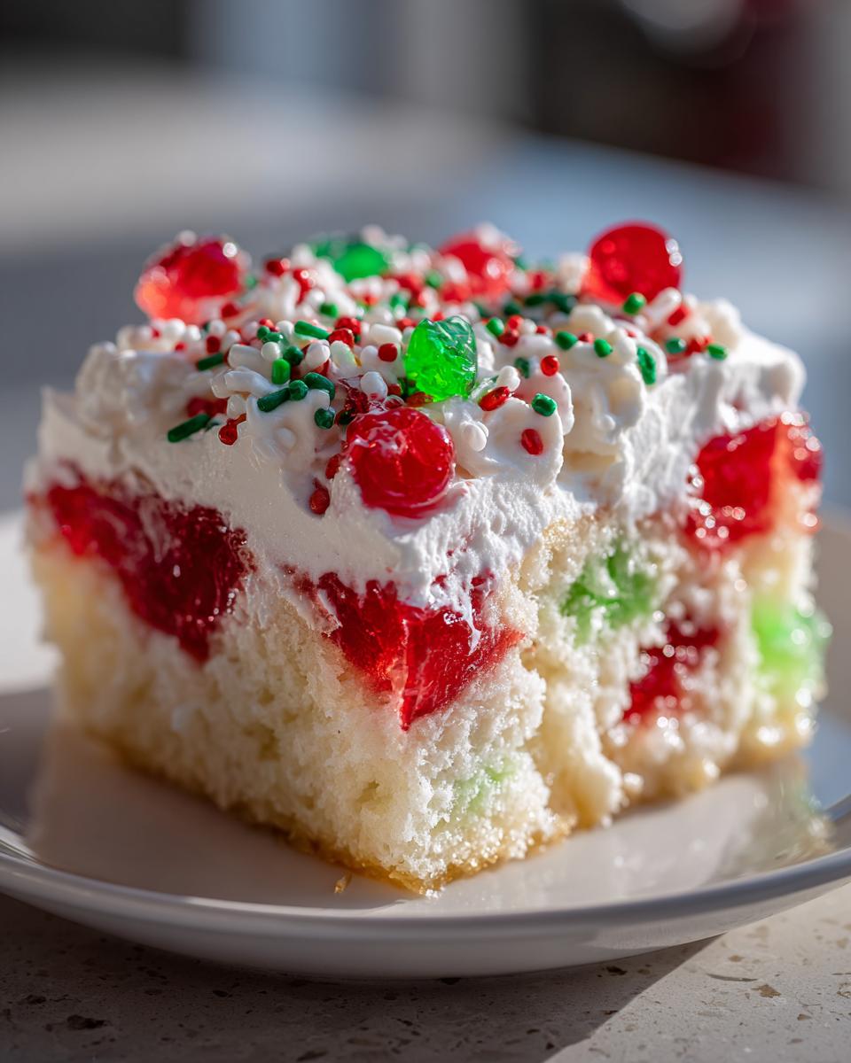 A moist slice of christmas poke cake featuring red and green gelatin pockets, topped with whipped cream and holiday sprinkles.
