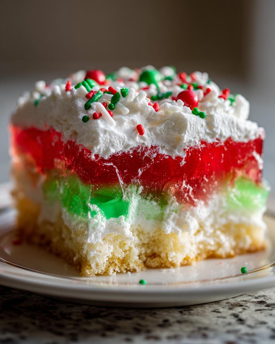 Close-up of a slice of christmas poke cake showing layers of yellow cake, white cream, red and green jello, topped with whipped cream and sprinkles.