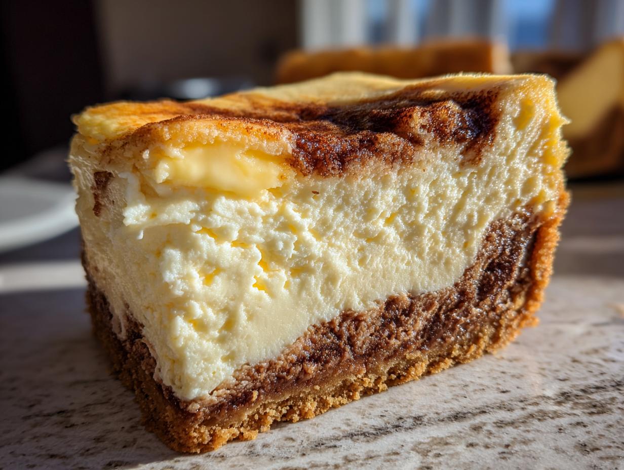 Close-up of a thick slice of cinnamon roll cheesecake showing the graham cracker crust, creamy filling, and cinnamon swirl.