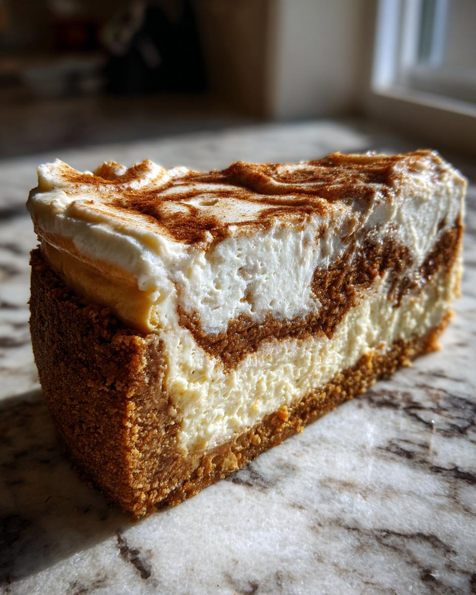 A thick slice of cinnamon roll cheesecake showing a graham cracker crust, creamy filling, and cinnamon swirl topping.