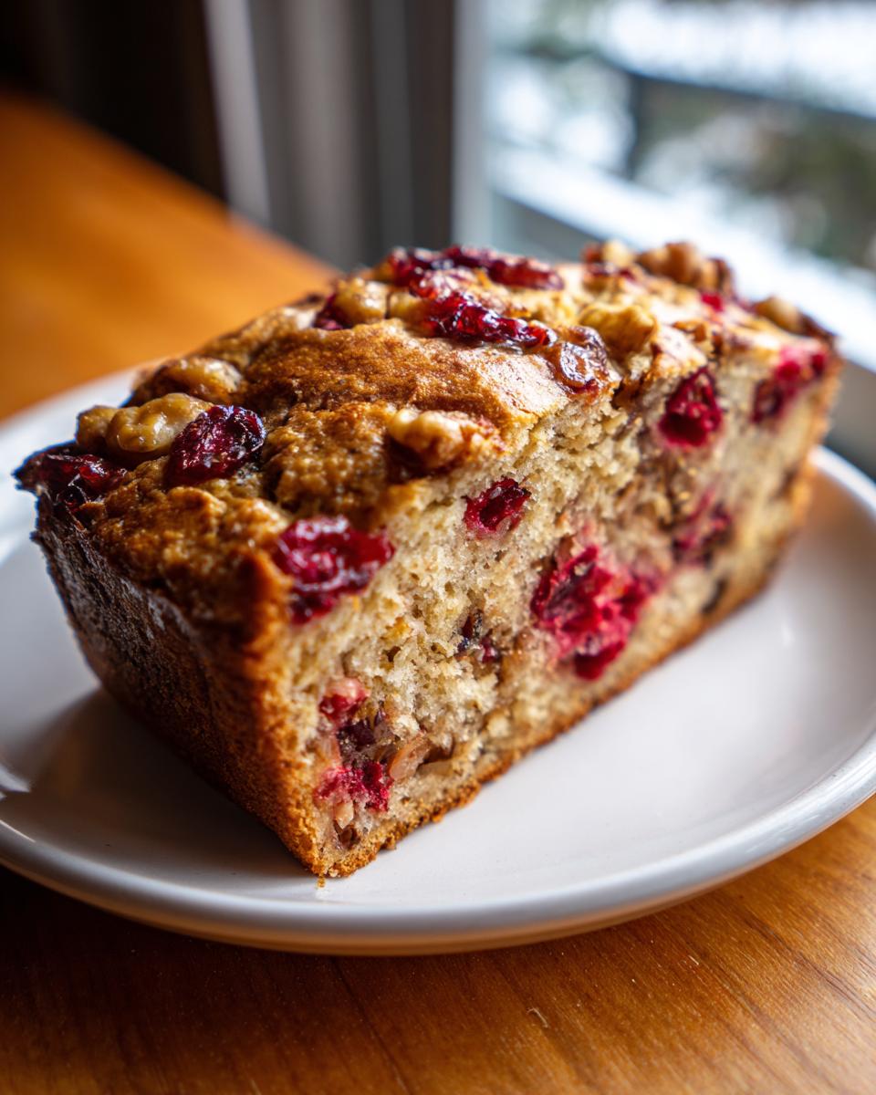 A thick slice of moist cranberry walnut bread, studded with bright red cranberries and walnuts, served on a white plate.