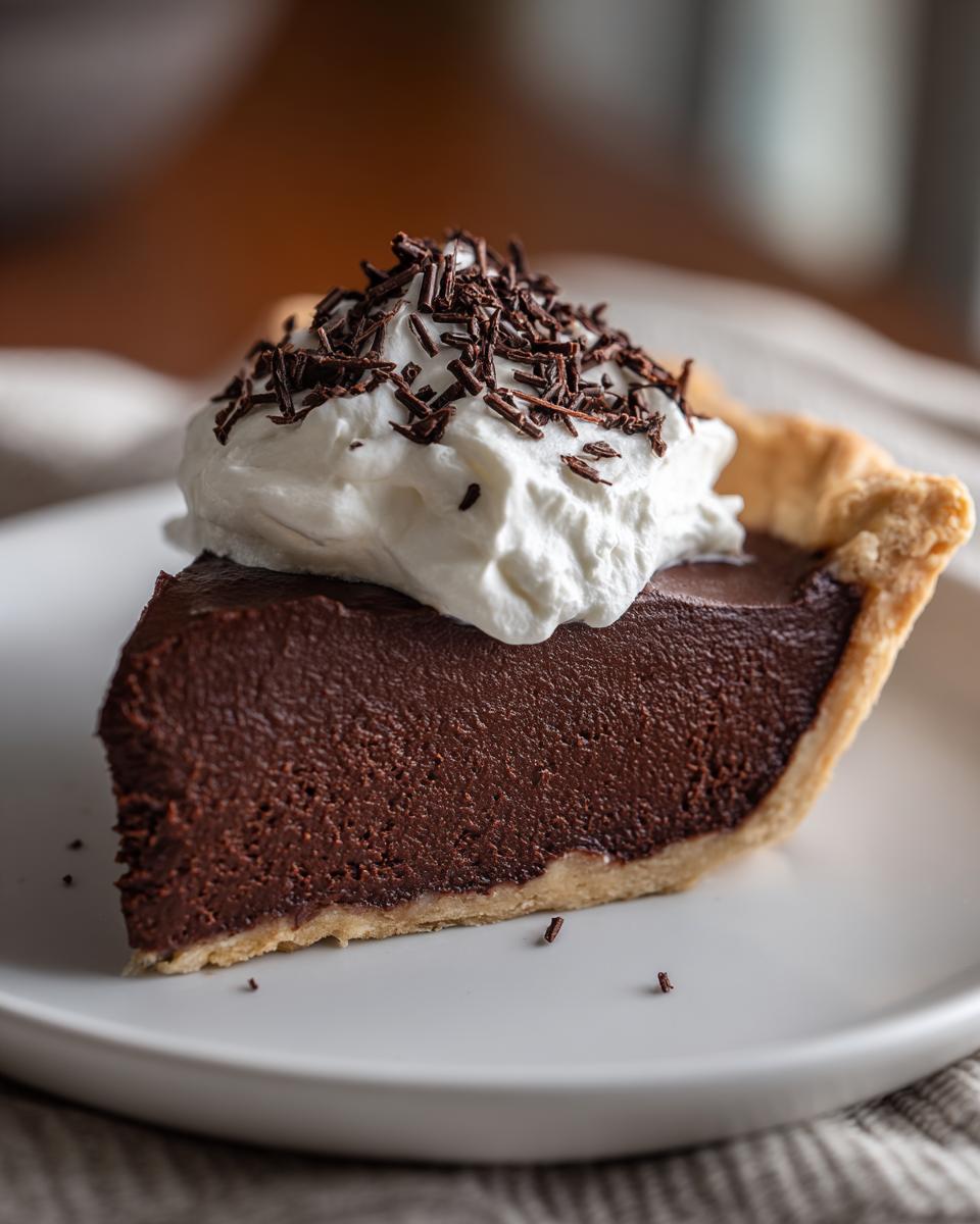 A close-up of a decadent slice of french silk pie featuring a dark chocolate filling, topped with whipped cream and chocolate shavings.