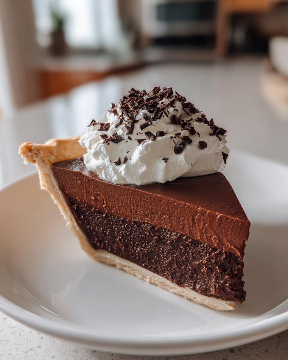 A decadent slice of french silk pie featuring two layers of chocolate filling, topped with whipped cream and chocolate shavings.