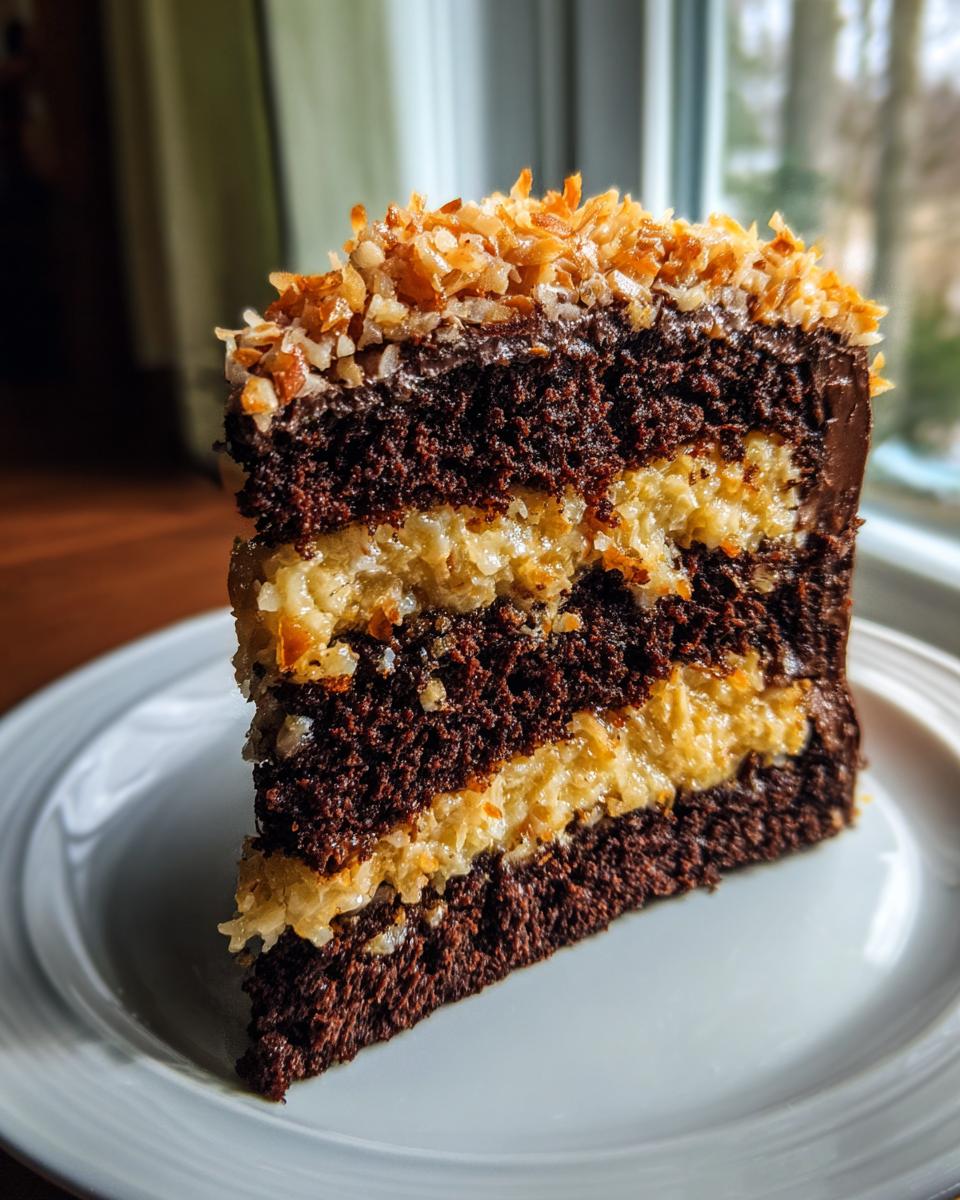 A tall slice of german chocolate cake recipe showing dark chocolate layers and thick coconut pecan filling, topped with toasted coconut.