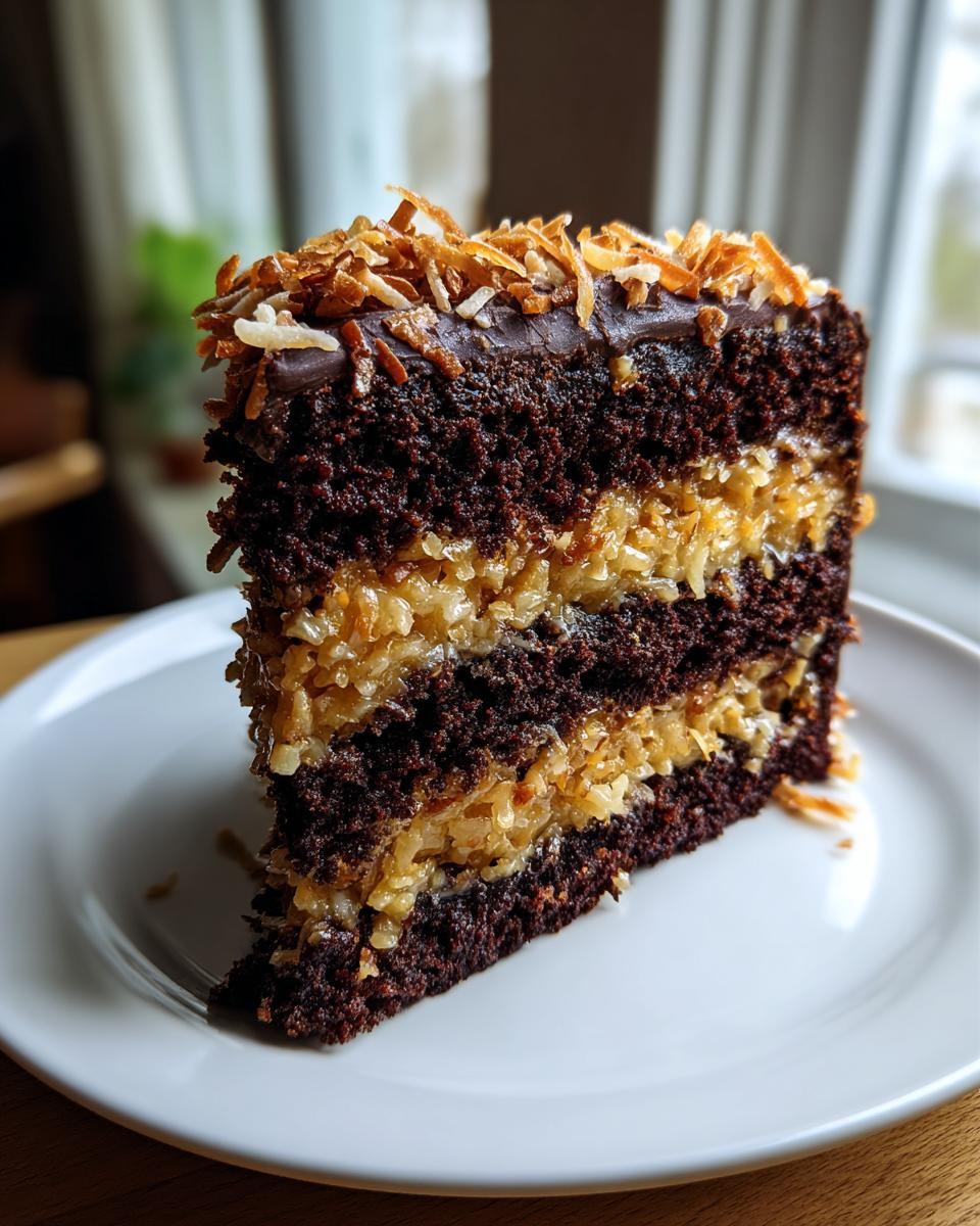 A tall slice of decadent german chocolate cake recipe showing three layers of dark chocolate cake filled with coconut pecan frosting.