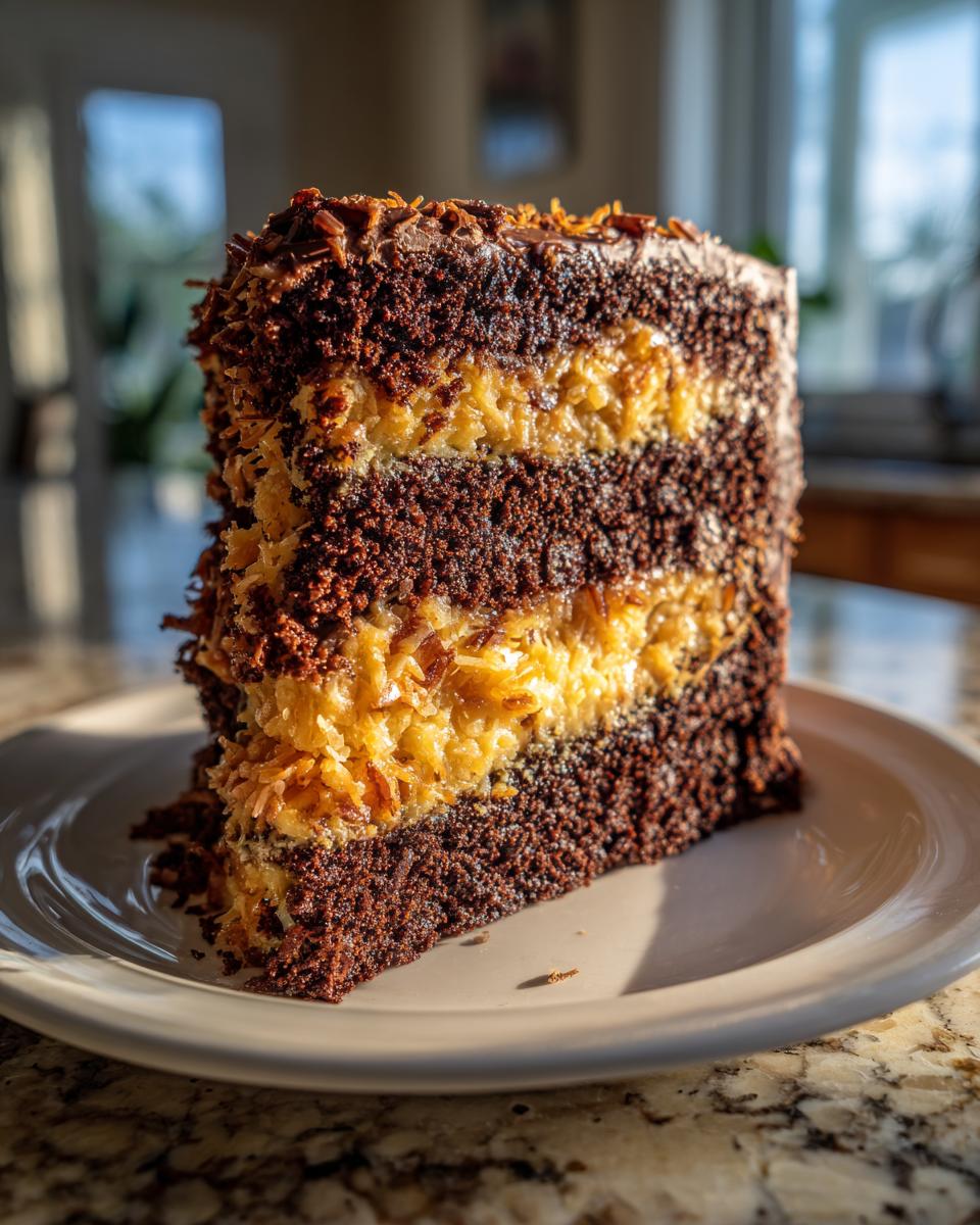 A tall, decadent slice of german chocolate cake recipe showing three layers of dark chocolate cake and thick coconut pecan filling.