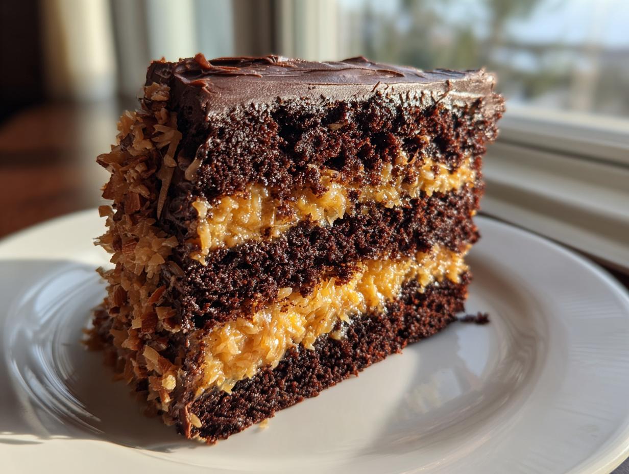 Close-up of a moist slice of German chocolate cake recipe featuring dark layers and thick coconut-pecan filling.