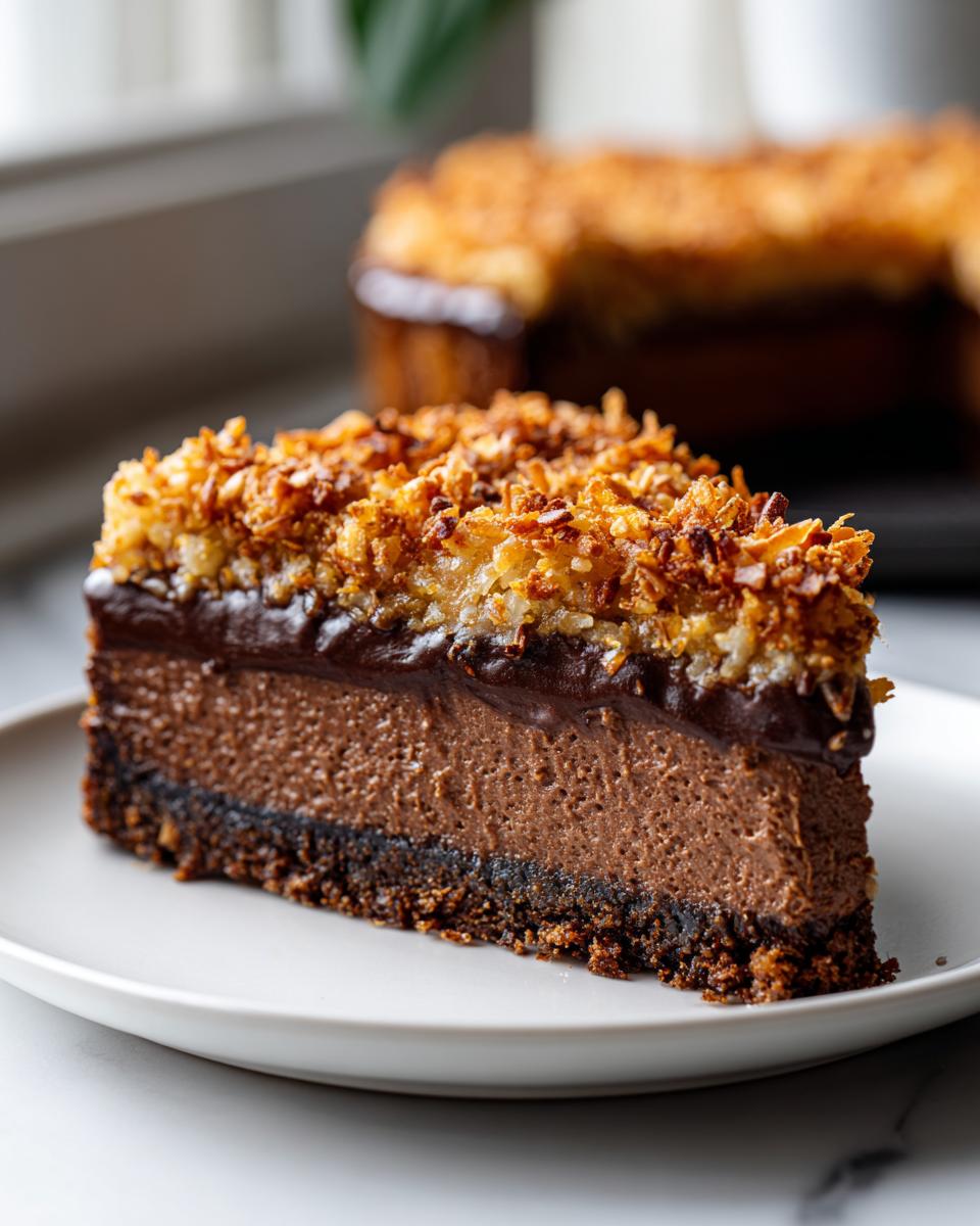 A decadent slice of german chocolate cheesecake featuring a dark crust, thick chocolate filling, and toasted coconut pecan topping.