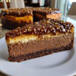 A close-up slice of german chocolate cheesecake showing layers of chocolate cake, cream cheese, and pecan topping.