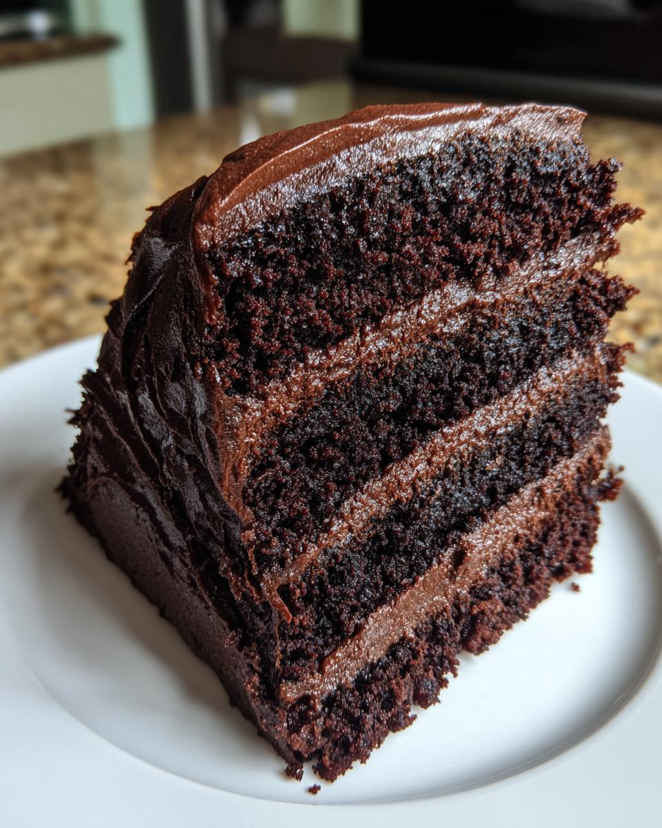 A tall, decadent slice of homemade chocolate cake with three layers of dark chocolate cake and rich chocolate frosting.