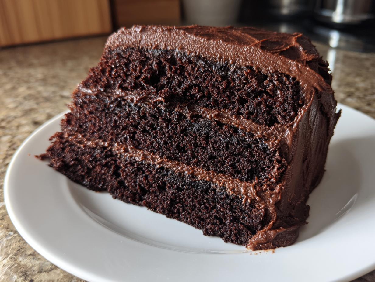 A generous slice of moist homemade chocolate cake layered with dark chocolate frosting on a white plate.