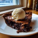 A rich, gooey slice of hot fudge pie served on a white plate, topped with a scoop of melting vanilla ice cream.