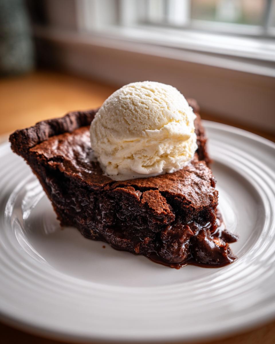A decadent slice of hot fudge pie topped with a scoop of vanilla ice cream, served on a white plate.
