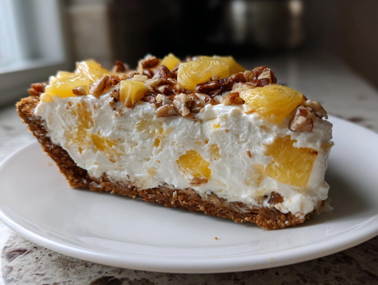 A close-up slice of rich, no-bake Million Dollar Pie with a graham cracker crust, creamy filling, pineapple chunks, and chopped pecans.