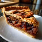 Close-up of a generous slice of mincemeat pie showing the dark, rich filling and golden, flaky lattice crust.