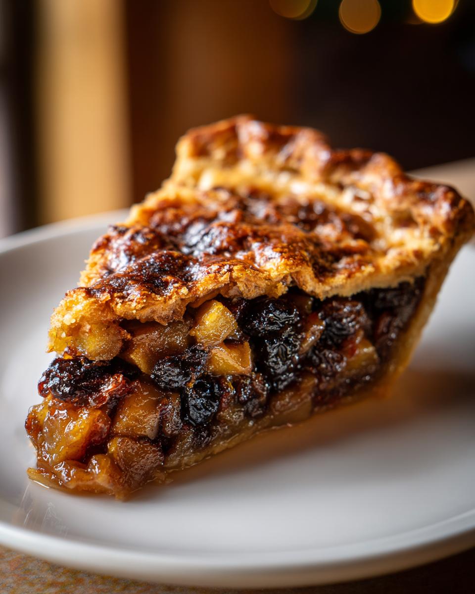 Close-up of a generous slice of mincemeat pie showing dark, rich fruit filling and a flaky, golden-brown top crust.