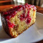 Close-up of a moist slice of Nantucket cranberry pie cake showing bright red cranberry topping on a golden crumb.