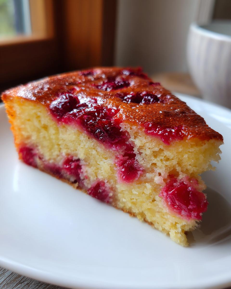 Close-up of a moist slice of Nantucket cranberry pie cake showing bright red cranberries baked into the yellow crumb.