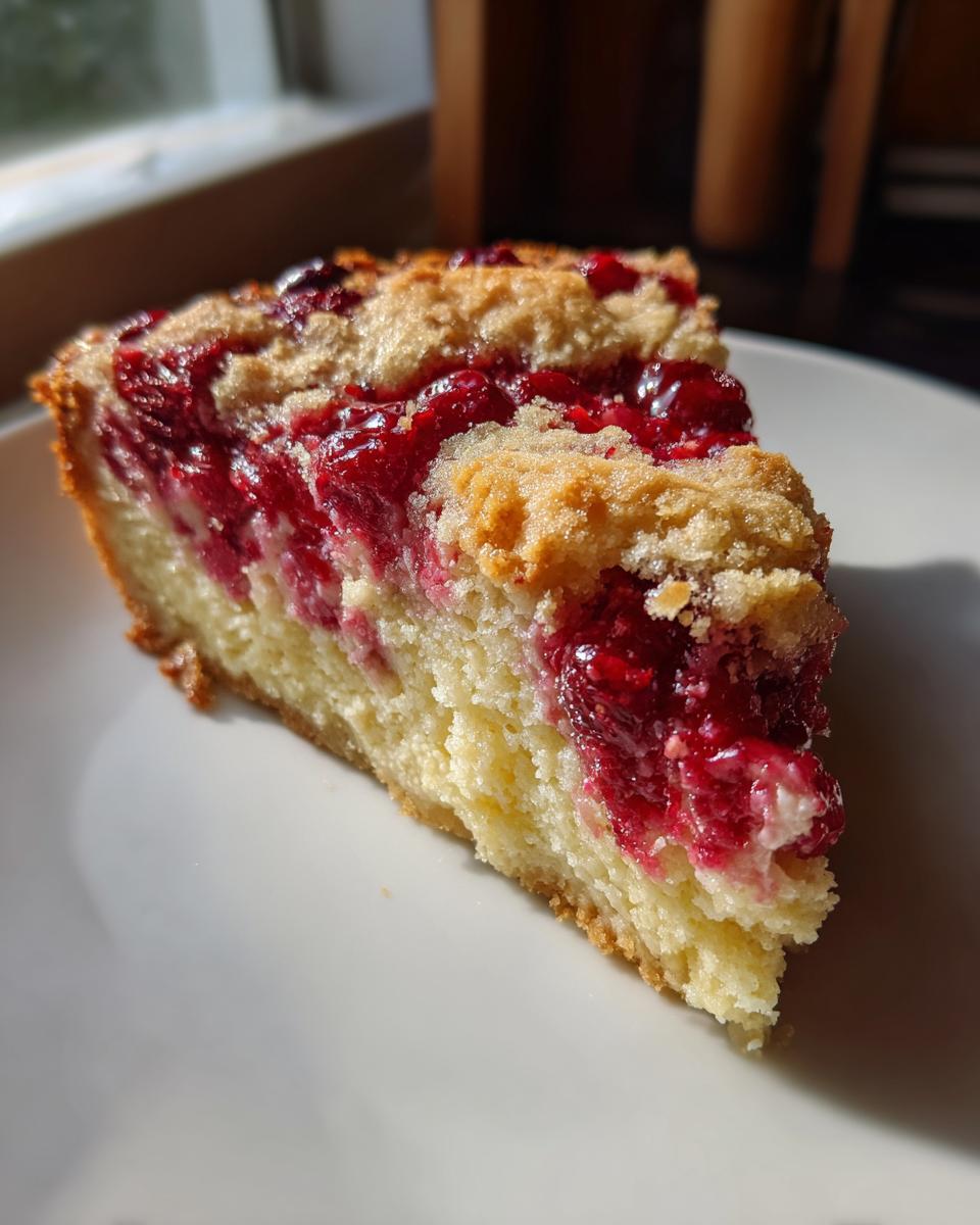 A close-up slice of Nantucket cranberry pie showing the bright red filling, cakey base, and crumb topping.